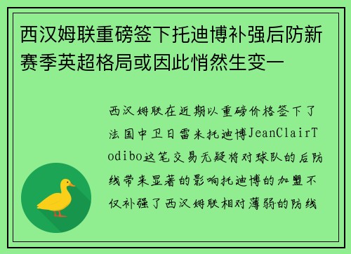 西汉姆联重磅签下托迪博补强后防新赛季英超格局或因此悄然生变一